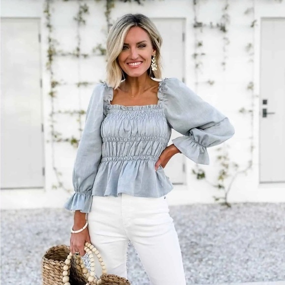 WHO WHAT WEAR Smock Blue Chambray Crop Peasant Puff Sleeve Off the Shoulder - Picture 1 of 8